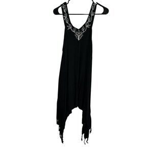 Ace Fashion Black Embroidered Fringe Handkerchief Hem Dress One Size Boho Chic